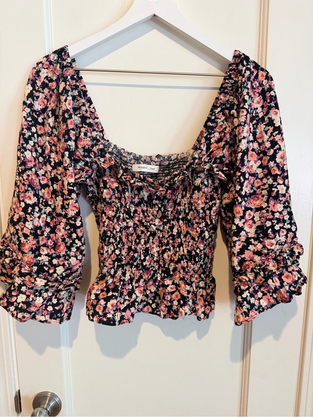 Floral Smocked Peasant Top - Black & Pink Boutique Brand